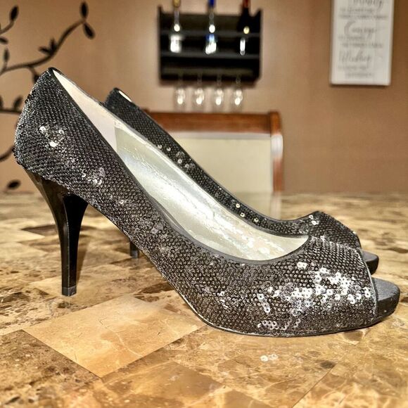 Guess Women's Peep Toe Pumps Silver Glitter Stilletto Heels - Picture 3 of 9